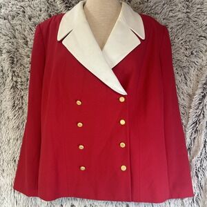 Jaqueline Ferrar Woman Red Suit‎ Blazer Double Gold Buttons Sz 16 Lined Business